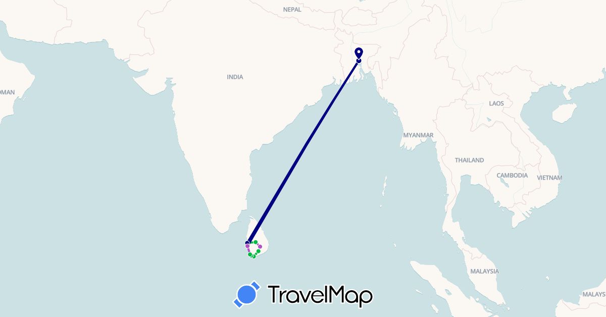 TravelMap itinerary: driving, bus, train in Bangladesh, Sri Lanka (Asia)